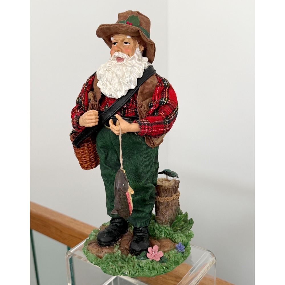 Santa Fisherman Vtg 12" Resin with Cloth Clothes Missing Fishing Pole - Picture 2 of 9